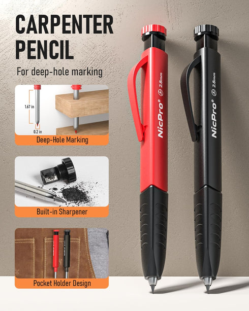 Nicpro 2 Pack Carpenter Pencil Set - Mechanical Woodworking Pencils with Sharpener, 26 Refills, and Case