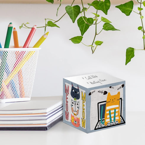 Whimsical Cats Sticky Note Cube, 600 Sheets, 2.75" Memo Block Printed on 4 Sides, Different Feline Design On Each Side