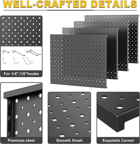 Ultrawall Metal Pegboard Panels, Black Peg Boards for Wall Organizer, Garage Tool Storage, 12"X16", 4pcs