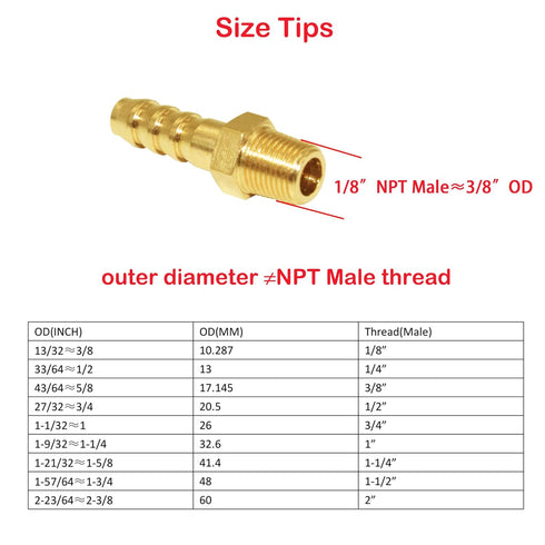 JoyTube 5 Pcs Hose Barb Fittings, 3/16" Barb to 1/8" NPT Male Thread Brass Adapter Connector with Hose Clamp