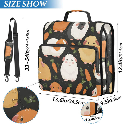 Fisyme 3 Cute Guinea Pigs Carrot Zipper Binder Ring with Zipper and Shoulder Strap Large Capacity Multi-Pocket Binder