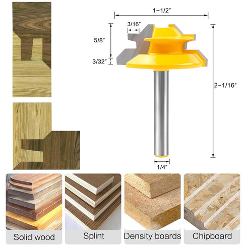 YHSITFNG 45 1/4 Inch 1/2", 5/8", 3/4" (3) Degree Lock Miter Router Bit, Shank, Cutting Height Joint Router Bits