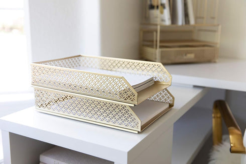 Gold File Organizer Office Inbox, Gold Paper Tray Set of 2 Stackable Letter Trays for Desk Organizer File Baskets