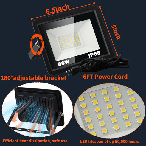 MATAHARAGA 50W 7000lm 6ft 5000K IP66 Flood Lights Outdoor, Bright LED Work Light with Plug, Daylight White Flood