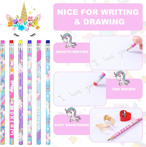Unicorns Pencils, Rainbow HB Pencils, Erasable Cute Graphite Pencil, Birthday Party Supplies, 36