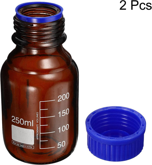 PATIKIL 250mL Reagent Media Bottle, 2Pcs Round Graduated Glass Storage Bottle for Chemistry Lab, Amber