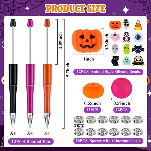 Halloween Beadable Pens, Plastic Bead Pens with 12 Pcs Silicone Beads, Pumpkin Bat Skull for Halloween Gifts