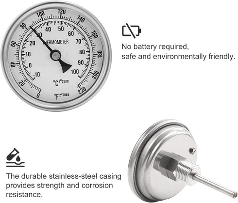 Dial Thermometer, Stainless Steel Thermometer for Home Brewing, 1/2 NPT Kettle Thermometer with Lock Nut & O-Ring