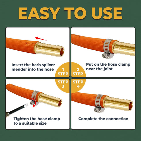 LIONMAX Barb Splicer Mender, 4 PCS Brass Barb Union Hose Fittings, 5/16 Inch to 5/16 Inch with 8 Hose Clamps