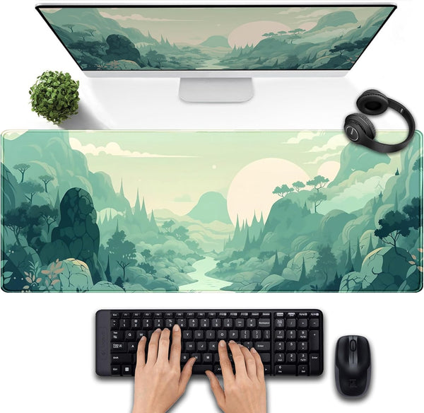 Cute Pastel Mint Green Forest Sage Desk Mat, Aesthetic Sunrise Anime Large Gaming Mouse Pad XL, 31.5"x11.8" with