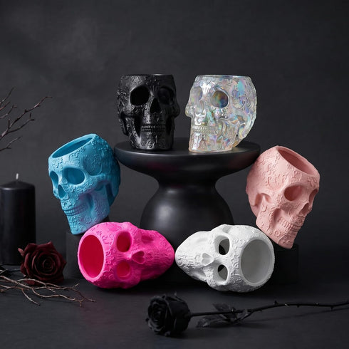 Skull Makeup Brush, Candy Bowl & Pen Holder, Bowl, Spooky Goth Decorations, Extra Large, Strong Resin, Skeleton Skulls