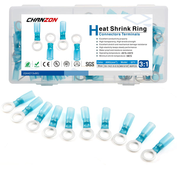 Chanzon 80pcs M8 Heat Shrink Ring Terminal 5/16" inch UL Listed 16-14AWG Gauge Waterproof Marine Grade Electrical Crimp