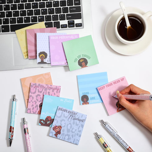 Yeaqee 72 Pcs Black Girl Sticky Notes with Motivational Pens, Inspirational Gifts Set for Women and Girls