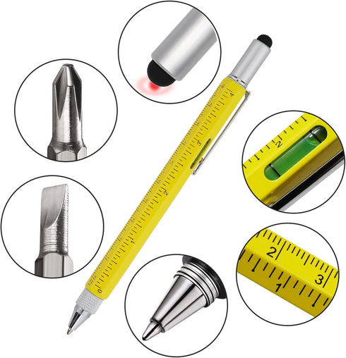 HeTaoCat Gifts Multi Tech Tool, 6 in 1 Stylus Pen with Screwdriver, Ruler, Levelgauge, Ballpoint Black Ink (Yellow)