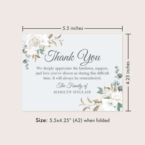 5.5x4.25 White Floral Sympathy Thank You Cards, Funeral Thank You Cards, Personalized Bereavement Memorial Notes