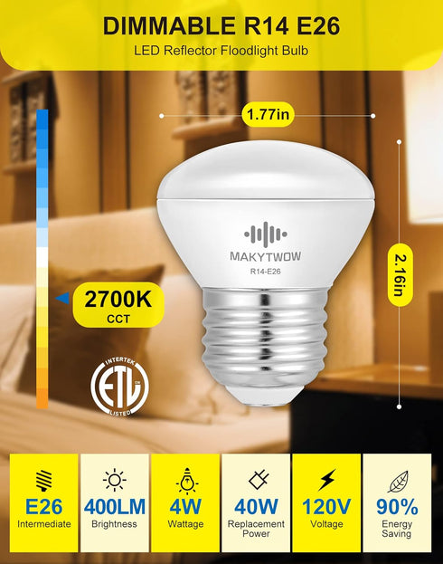 R14 Led bulb 4W E26 Base 2700K Warm White Dimmable Mini LED Reflector Floodlight Bulb 40W Equivalent 400 Lumens 4Pack by MAKYTWOW