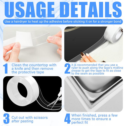 Clear Caulk Tape 10.5' x 1.5'', Waterproof Self Adhesive Strip for Bathtub Sealant, Kitchen Floor Wall Protector