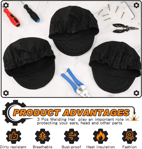 3 Pcs Welding Caps for Men, Flame Resistant Cotton Welders Hats, Mesh Inside Liner, Low Crown Beanie