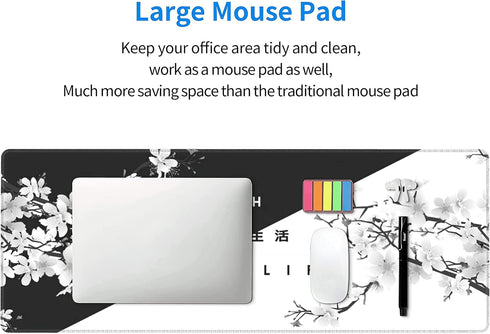 Black White Cherry Blossom Mouse Pad, Japanese Sakura Extended Desk Mat 80X30 cm, Non-Slip Rubber Base for Gaming Laptop