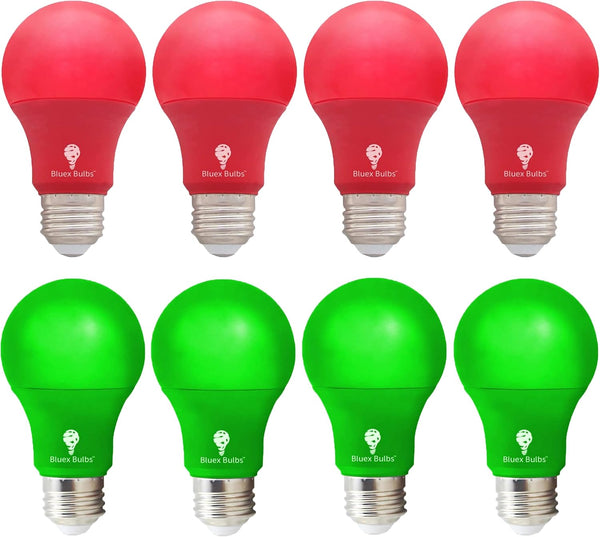 8 Pack A19 LED Red and Green Light Bulbs, 120V E26 Base, 9 Watt (60-watt Replacement) for Party Decoration