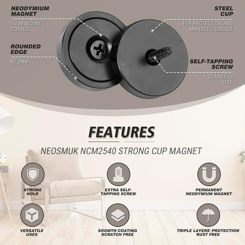 Neosmuk 60lbs Strong Neodymium Disc Magnets with Screws, Heavy Duty Round Magnet with Mounting Hole, 4 Pack