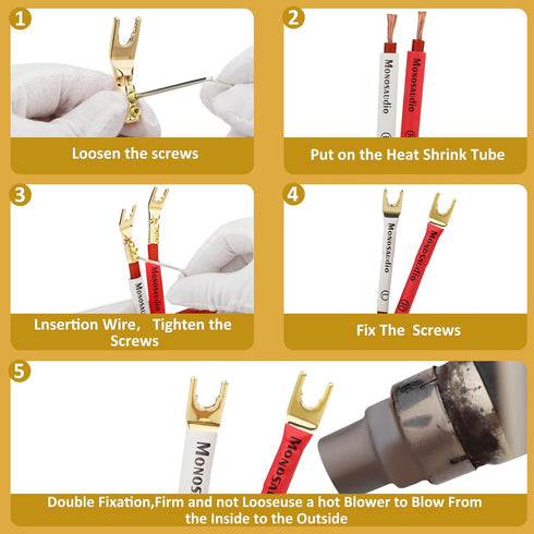 Monosaudio Speaker Spade Plug Connectors, 8pcs Pure Copper 45 Degree Screw Locking Y Spade Plug with Heat Shrink Tubes