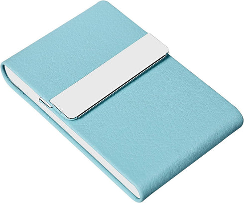 JuneLsy Professional Business Card Holder Case, PU Leather Metal Name Card Holder for Men & Women (Light Blue)