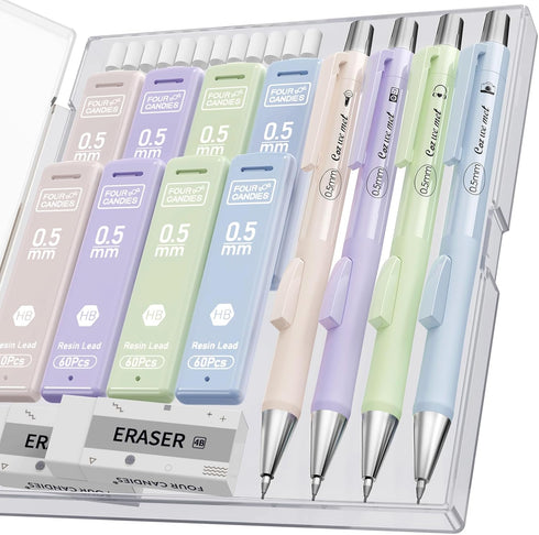 Four Candies Cute Mechanical Pencil Set, 4PCS 0.5mm Pastel Pencils with Case, 480PCS HB Lead Refills
