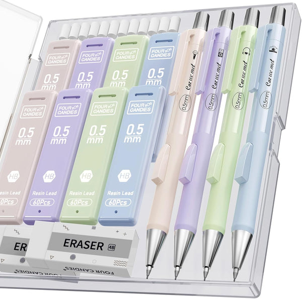 Four Candies Cute Mechanical Pencil Set, 4PCS 0.5mm Pastel Pencils with Case, 480PCS HB Lead Refills