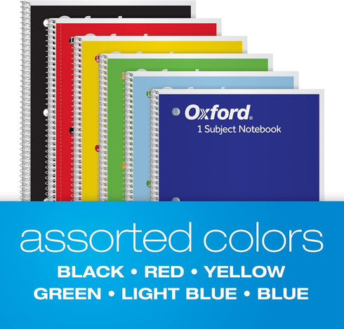 Oxford Spiral Notebook 6 Pack, 1 Subject, Wide Ruled Paper, 70 Sheets, 8 x 10-1/2 Inch, Blue, Yellow, Red, Light Blue,