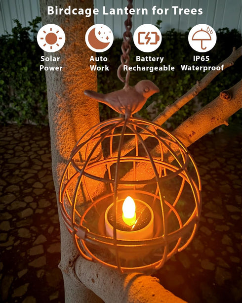 4 Pack Outdoor Solar Hanging Lantern Lights, Rustic Ball Birdcage Hanging Candle Holder with Solar Tea Lights