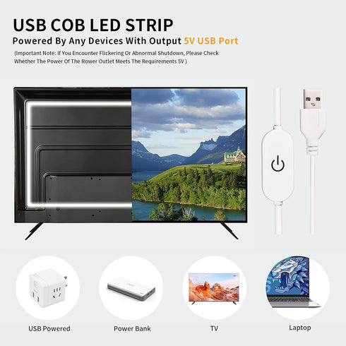 5V 320LED/m Dimmable (3000K, 6.56FT) COB LED Strip Light USB Tape LED Strip Light USB TV Backlight Flexible Under