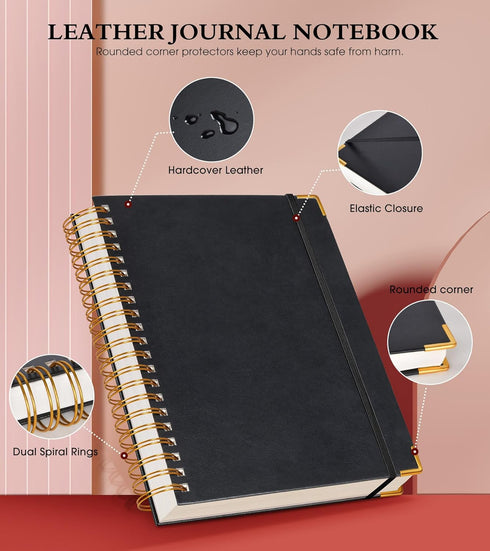 Spiral Notebook Journal 7.6” x 10”, 300 Pages Hardcover Leather Lined Journals for Women Men, B5 Large College Ruled Notebooks with 100 GSM Thick Paper, Spiral Journal for Writing Work School, Black by UEBZFOCS