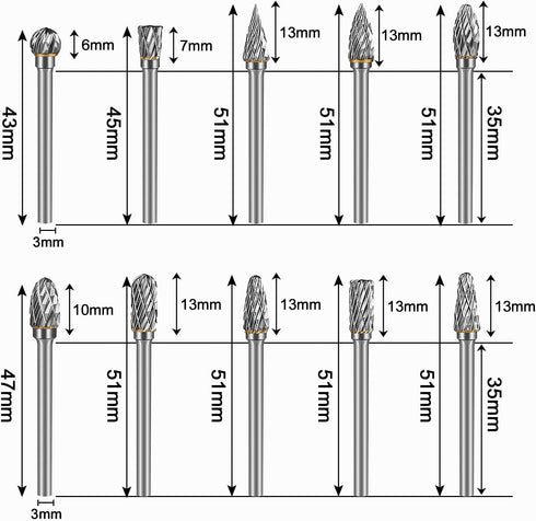 Carbide Burr Set, 10 PC Die Grinder Bits, 1/8" Shank Rotary Tool Accessories for Wood Carving