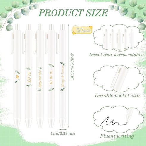 Ctosree 50 Pcs Bridal Shower Pens Wedding Pens for Guest Book Pens Black ink Retractable Ballpoint Pen for Bridal Shower Favors Proposal Bachelor Slumber Party Women Girls (Gold Word,Eucalyptus) by Ctosree