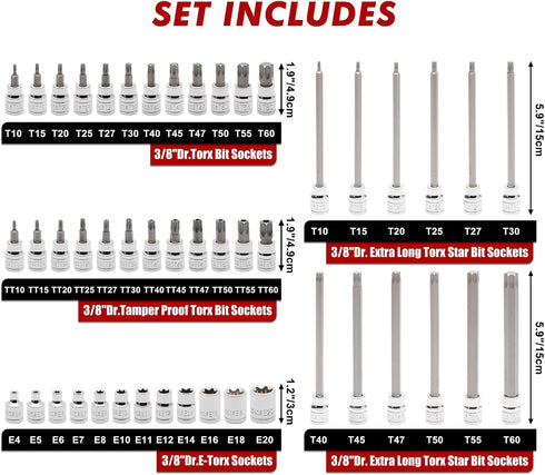 48-Piece 3/8" Set, 6-Inch S2 CASOMAN Drive Master Torx Bit Socket and External Torx Socket Extra Long, CR-V & Steel