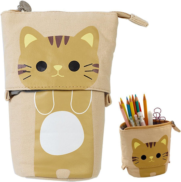 Telescopic Pencil Pouch, Cute Standing Pen Holder, Cartoon Pencil Storage Box (Khaki)