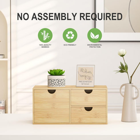 Bamboo Desk Organizer with Drawers, Mini Tabletop Storage Container for Home Office, No Assembly Required
