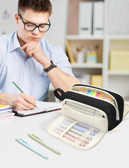 SUNEE Aesthetic Pencil Case, Kawaii Large Pen Pouch with 3 Compartments, Black Stationery Organizer for Teen Girls