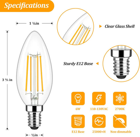 Brightever Candelabra E12 LED Light Bulbs 60W Equivalent, 5-Pack B11 6W Chandelier Light Bulbs, 620Lm 2700K Warm White Candle Lightbulbs for Wall Sconce, Clear Glass Non-dimmable by Brightever