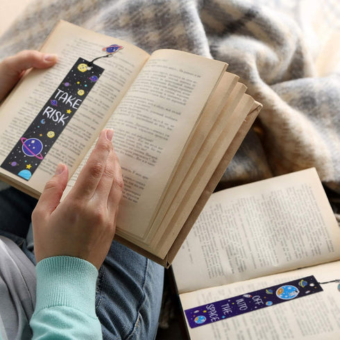 Zonon Space Theme Bookmarks with Inspirational Quotes Cards - Metal Charms Planet Rocket Space Ship, Reading Party