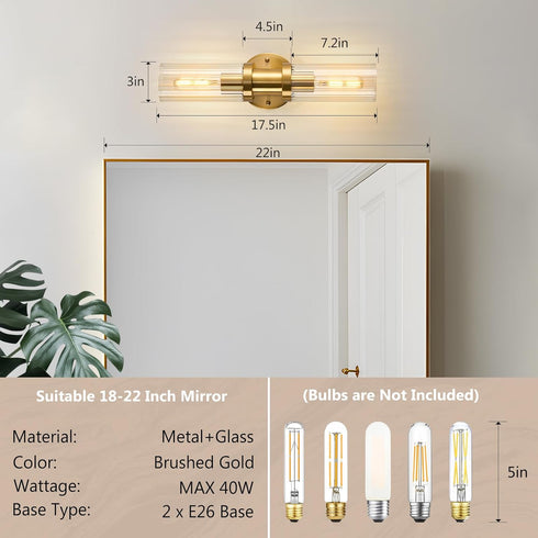 addigi 17.5 inch 2-Light Inch Gold Wall Sconces, Modern Wall Sconces Lighting with Stripped Glass Shade, Gold Vanity