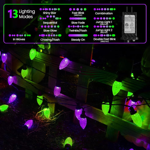 2PK 100 C9 98FT C9 13 LORRYTE Extendable Purple and Green LED Halloween Lights Indoor Outdoor Waterproof, Super Bright