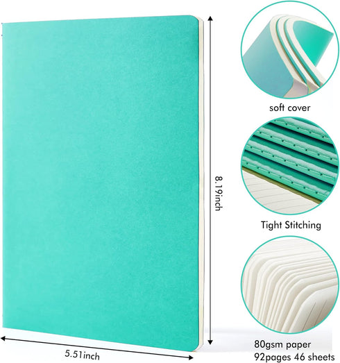 feela 8 Pack Soft Cover Journal Bulk, Notebooks College Ruled for Work, Lined Travel Journal for Women Men, Note Taking Notebook School Supplies Business Writing, 8.2” x 5.5”, A5, Emerald