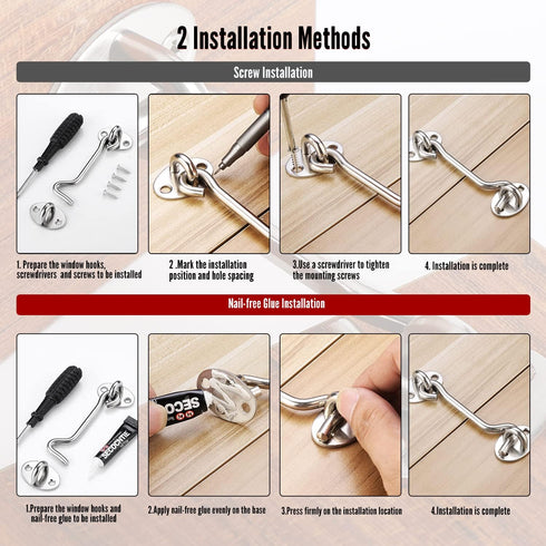 MroMax 2Pcs Cabin Hook and Eye Latch, 16" Stainless Steel Window Privacy Swivel Hooks with Mounting Screws