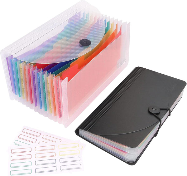 Uquelic 2Pack Desk Stand Receipt Folder, 13 Pockets Expanding Coupons Storage with Label, 10 x 5 inch (Black & Clear)
