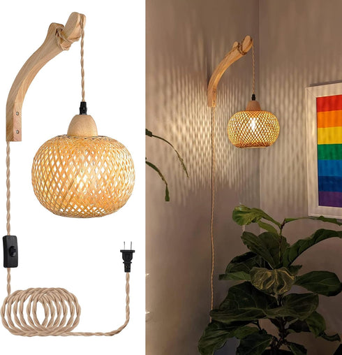 Frideko Bamboo Lantern Plug in Wall Sconces Wicker Wall Lamp with Plug