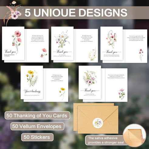 50 5 4x6in Funeral Thank You Cards with Envelopes, Designs, Watercolor Wildflower Bereavement Sympathy Thank You Card
