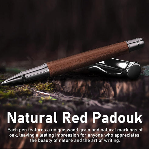 WEMATE Wood Rollerball Pen Set, Extra 2 Ink Refills(1 Black & 1 Blue), Fancy Writing Pen Nice Luxury Office Gift for Men, Professional and Executive, Cool Wooden Pen for Journaling - Red Padouk by WEMATE