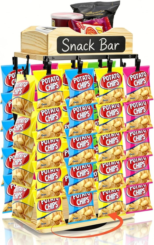 Chip Rack Display Stand, 360 Rotating Base Chip Bag Holder with Message